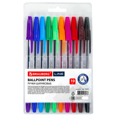 Ручки шариковые BRAUBERG, НАБОР 10 цветов, LINE, корпус прозрачный, толщина письма 1 мм, 141874