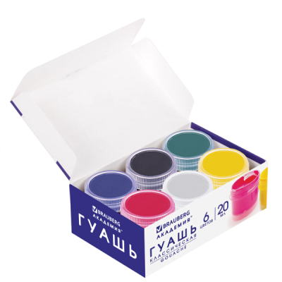 Гуашь BRAUBERG "АКАДЕМИЯ КЛАССИЧЕСКАЯ ЭКСТРА", 6 цветов по 20 мл, 192371