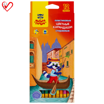 Карандаши цветные пластиковые стираемые Мульти-Пульти "Енот в Венеции" 12цв., с ласт., заточ.,картон CP_19844