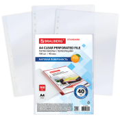 Папки-файлы перфорированные А4 BRAUBERG "STANDARD", КОМПЛЕКТ 100 шт., матовые, 40 мкм, 229660