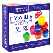 Гуашь BRAUBERG "АКАДЕМИЯ КЛАССИЧЕСКАЯ ЭКСТРА", 9 цветов по 20 мл, 192372