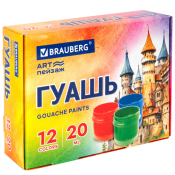 Гуашь BRAUBERG "ЗАМОК", 12 цветов по 20 мл, 192558