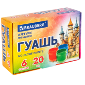 Гуашь BRAUBERG "ЗАМОК", 6 цветов по 20 мл, 192555