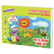 Пластилин классический ЮНЛАНДИЯ "ВЕСЁЛЫЙ ШМЕЛЬ", 12 цветов, 204 г, СО СТЕКОМ, КВАДРАТНЫЙ, 104823