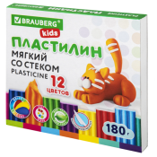 Пластилин мягкий восковой BRAUBERG KIDS, 12 цветов, 180 г, со стеком, 106495