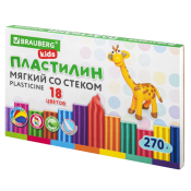 Пластилин мягкий восковой BRAUBERG KIDS, 18 цветов, 270 г, со стеком, 106497