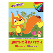 Картон цветной А4 немелованный, 10 листов, 10 цветов, в папке, ЮНЛАНДИЯ, 200х290 мм, "Бельчонок", 113555